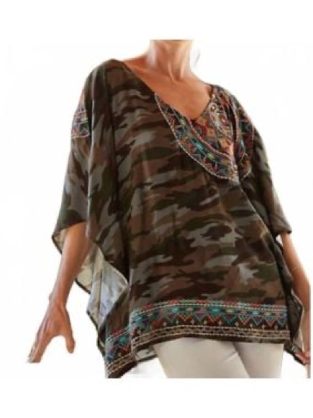 Savanna Jane Camo Tunic with Multicolor Embroidered Trim - Olive Brown